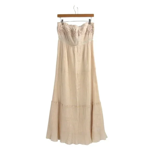 Free People Womens Large Maxi Dress Cream Strapless Boho Crochet Beaded Prairie - Picture 1 of 10